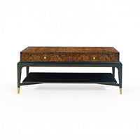 Front view of Art Deco burl walnut coffee table.