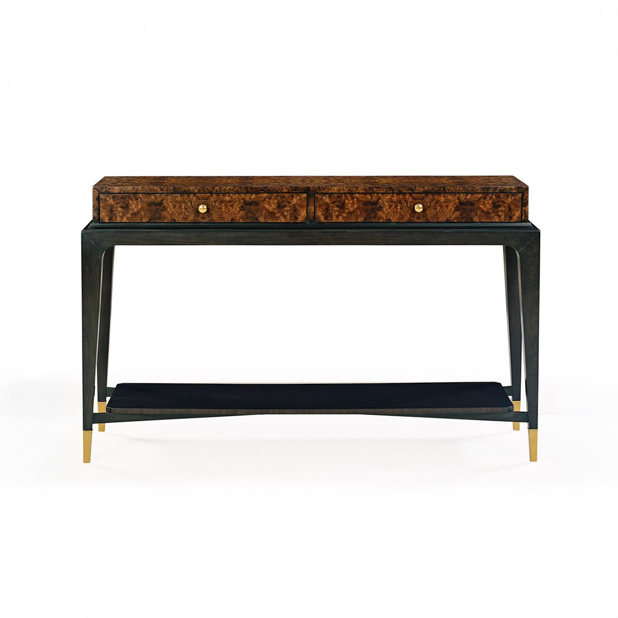 Front view of Art Deco burl walnut console table.