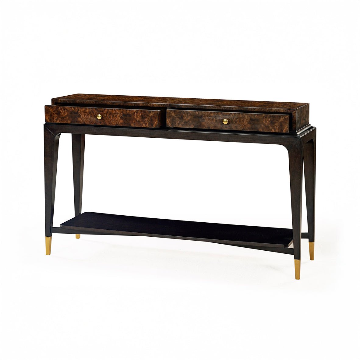 Diagonal view of walnut console table with gold accents.