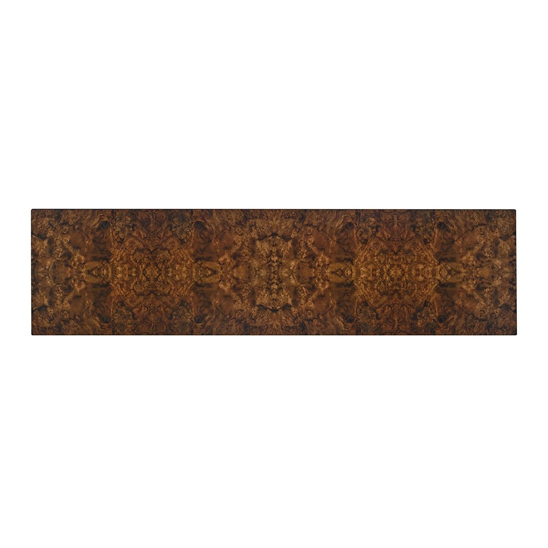 Top view close-up of burl walnut console surface.