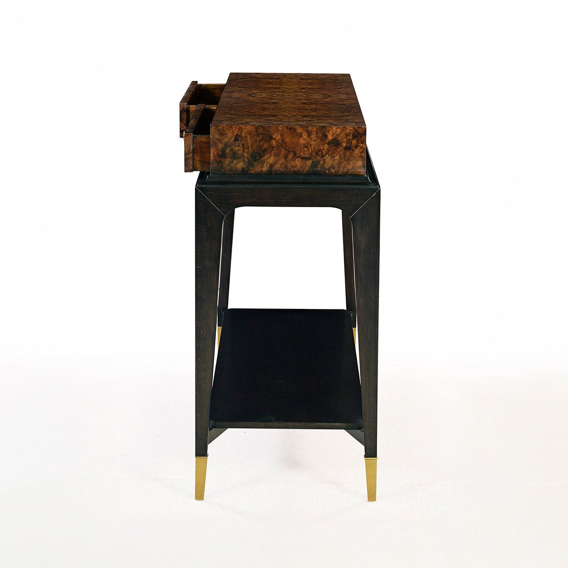 Side view of console table showcasing open drawer.