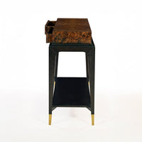 Side view of console table showcasing open drawer.