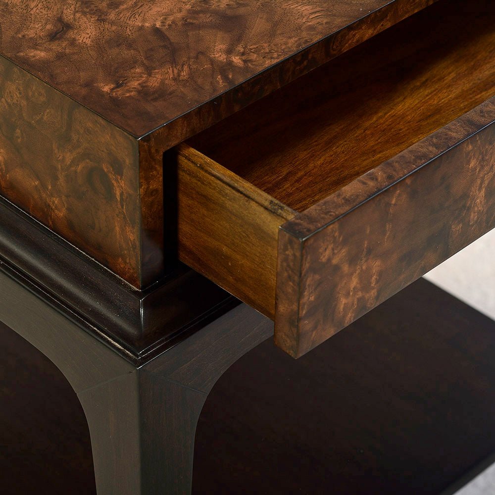 Open drawer detail art deco burl walnut end table.