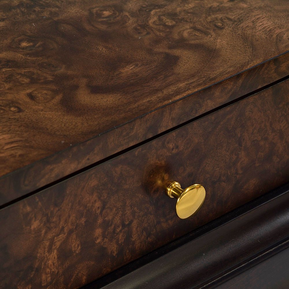 Close-up drawer and knob art deco walnut end table.