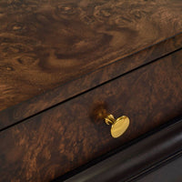 Close-up drawer and knob art deco walnut end table.