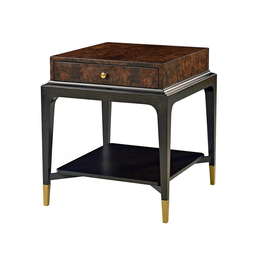 Art Deco burl walnut end table angled view.