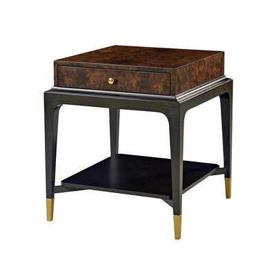 Art Deco burl walnut end table angled view.
