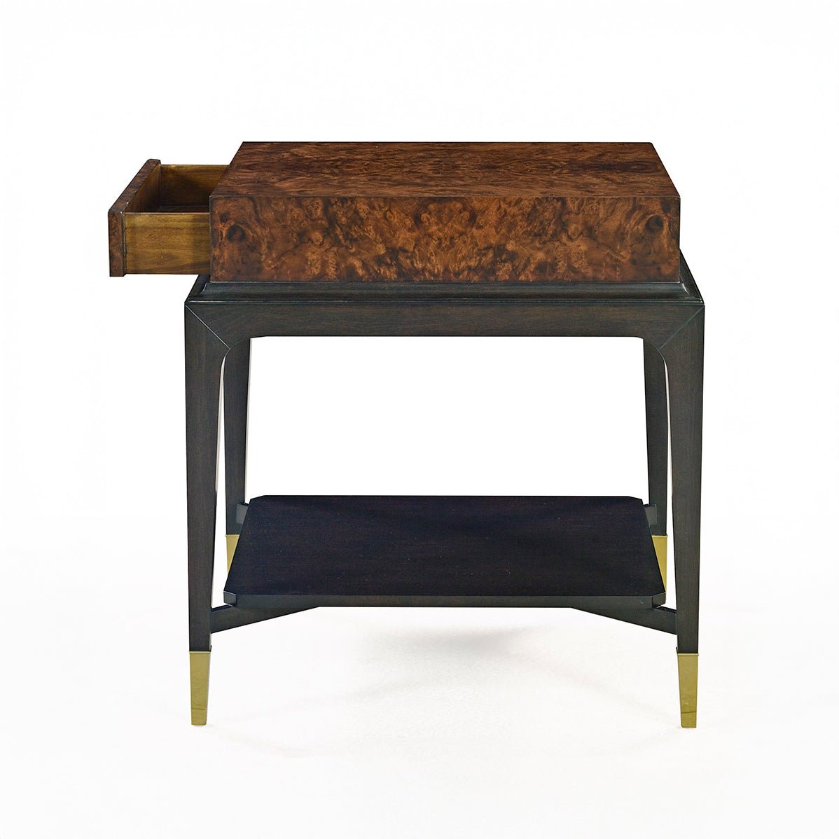 Open drawer art deco burl walnut end table.