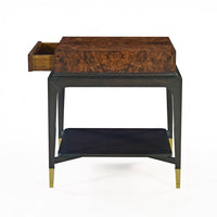 Open drawer art deco burl walnut end table.