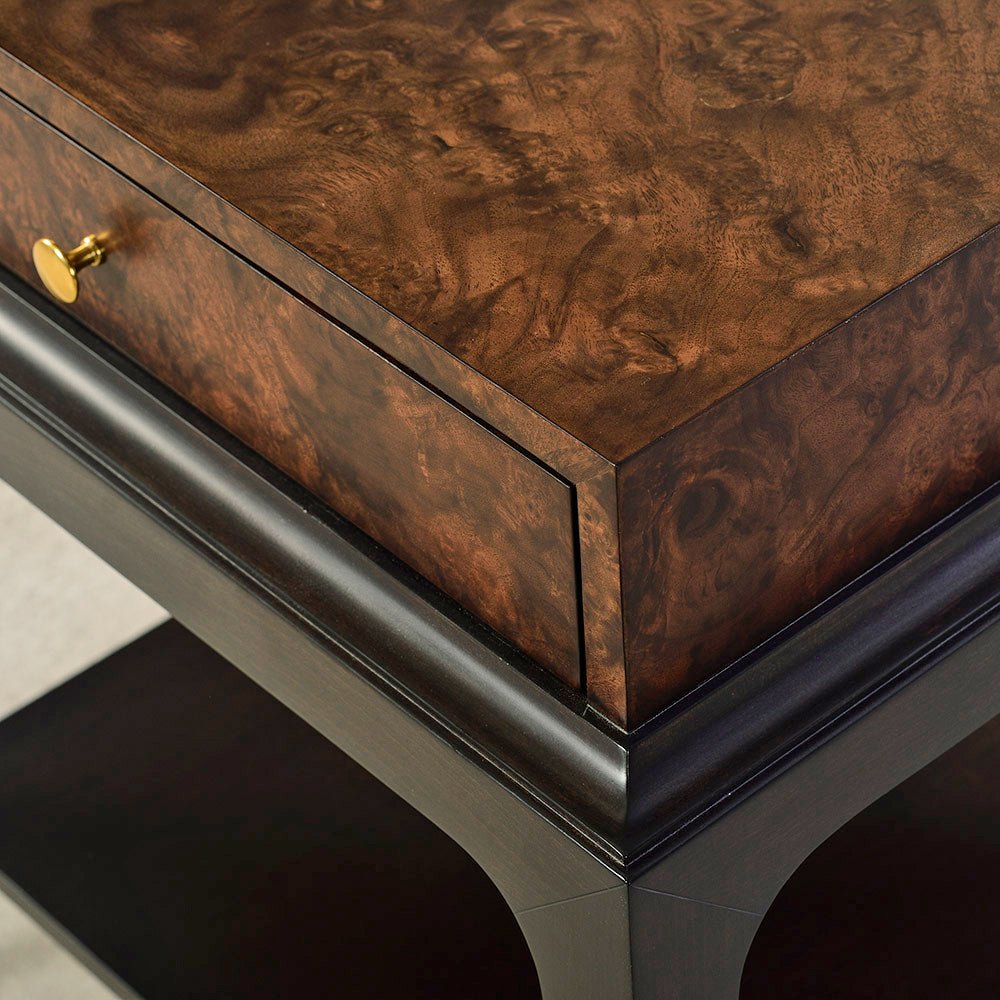 Top surface detail art deco burl walnut end table.
