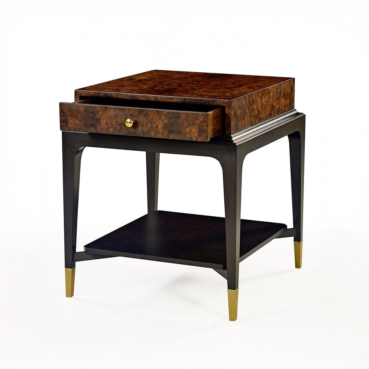 Angled view art deco end table with open drawer.