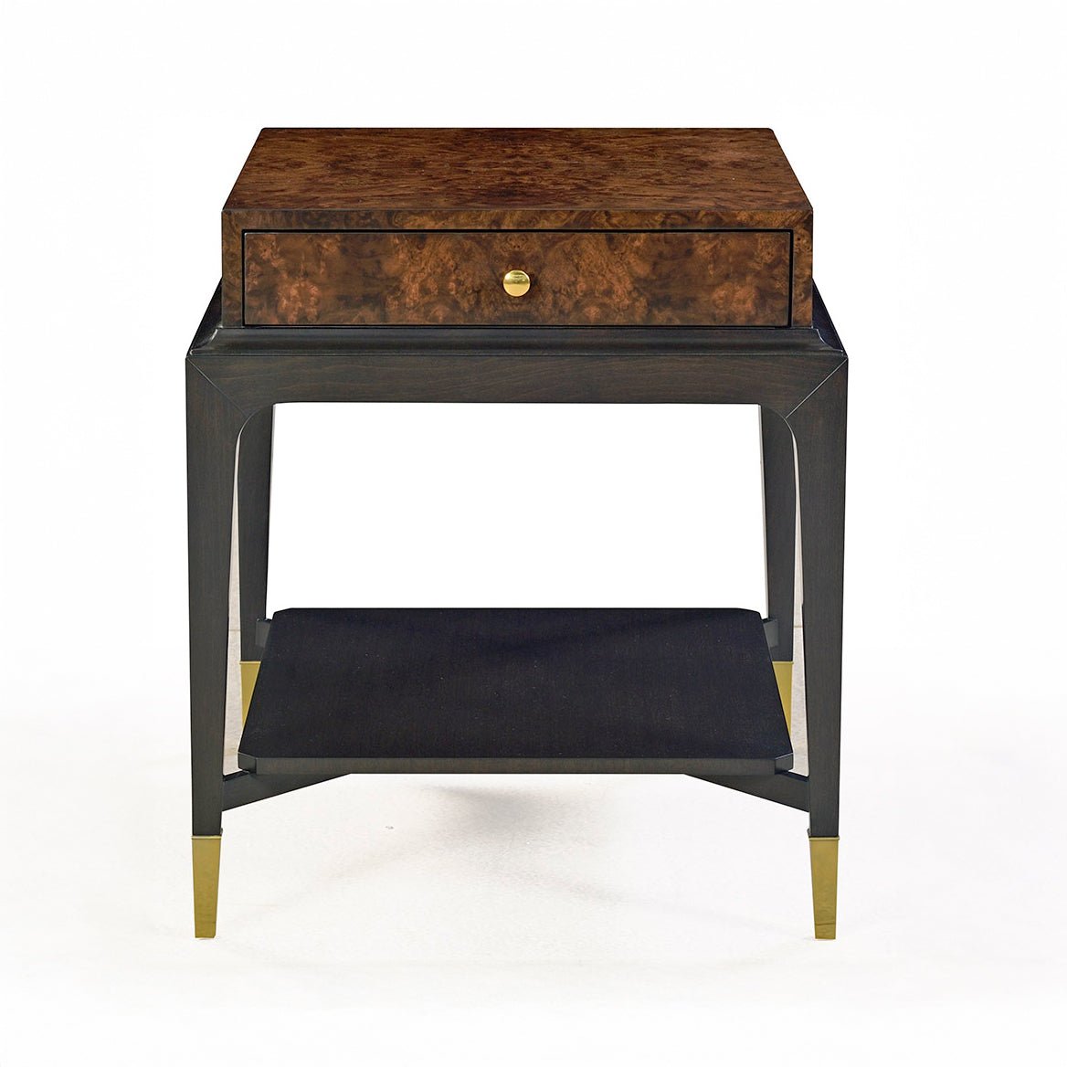 Front view art deco walnut end table with drawer.