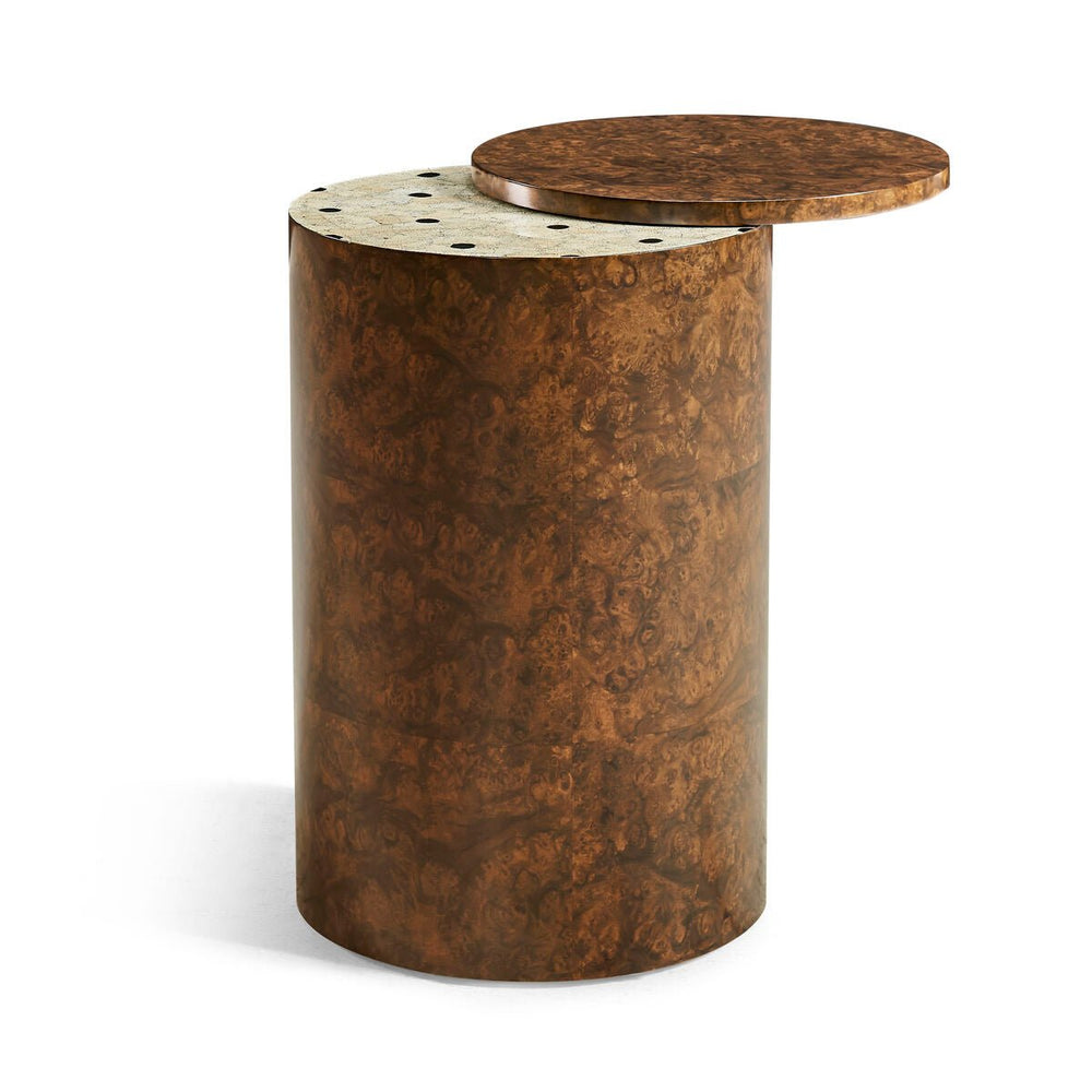Wood accent table with removable top partially open.