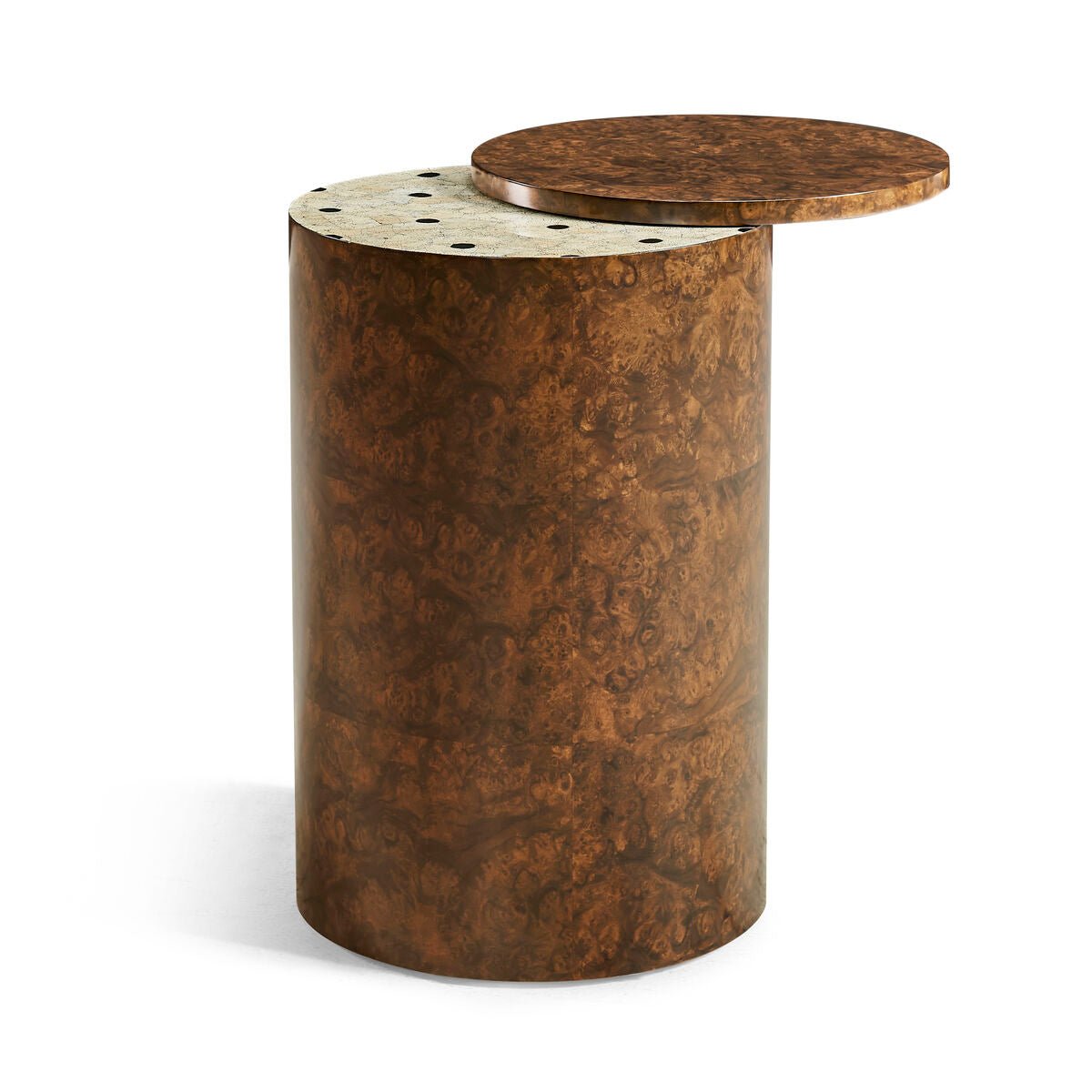 Wood accent table with removable top partially open.
