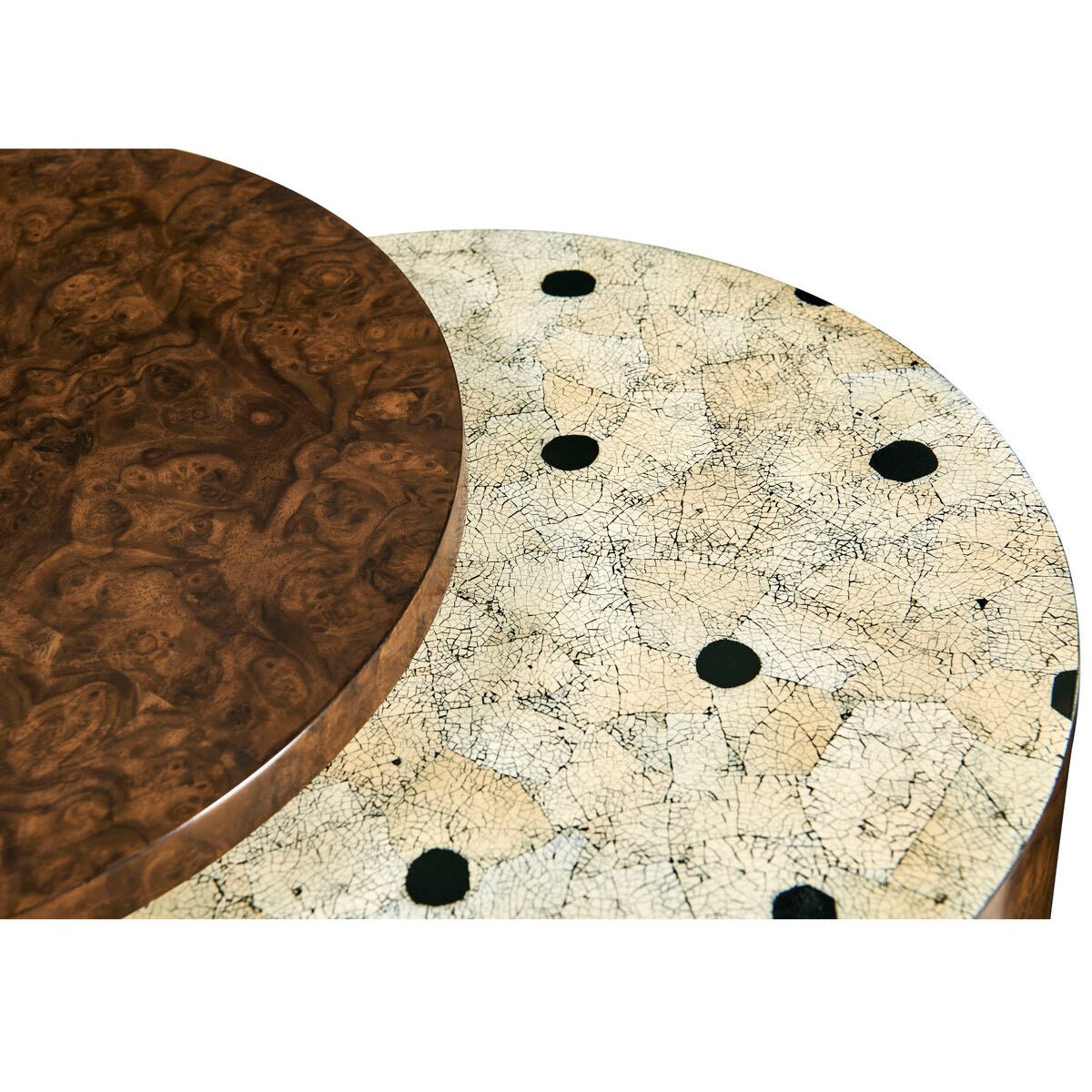 Two tops of accent table, wood and patterned.