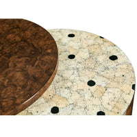 Two tops of accent table, wood and patterned.