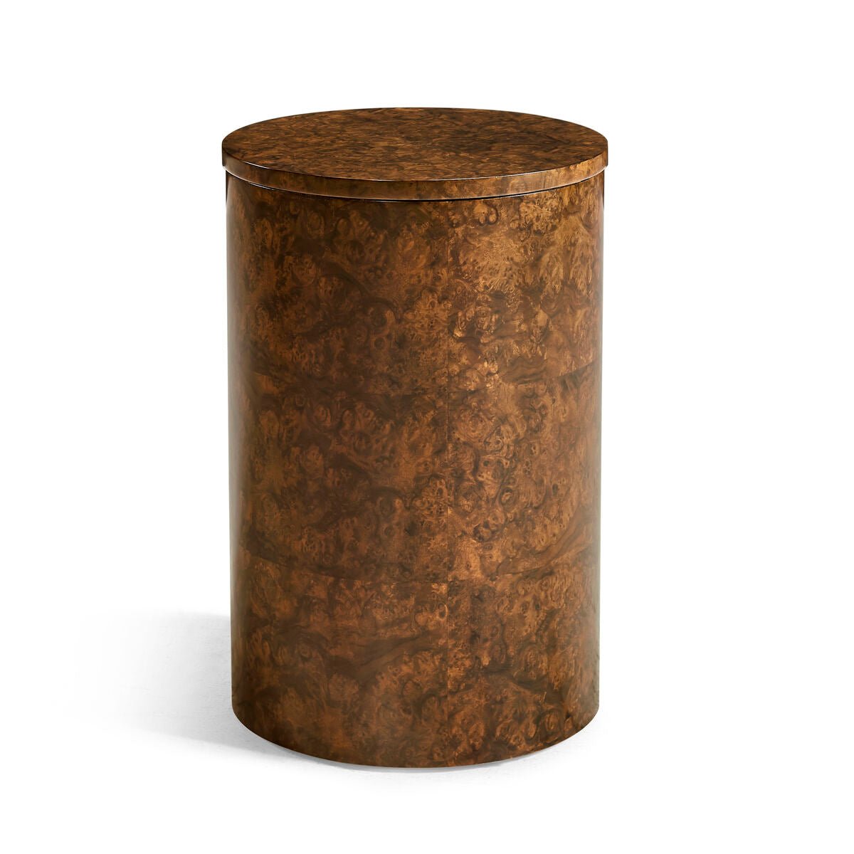 Cylindrical wood accent table fully closed.