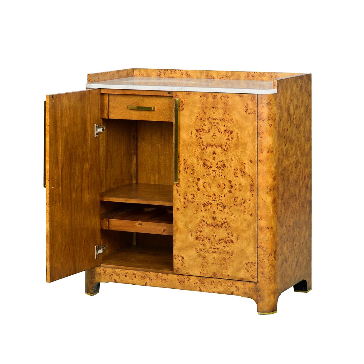 Art Deco bar cabinet side open with top drawer visible.