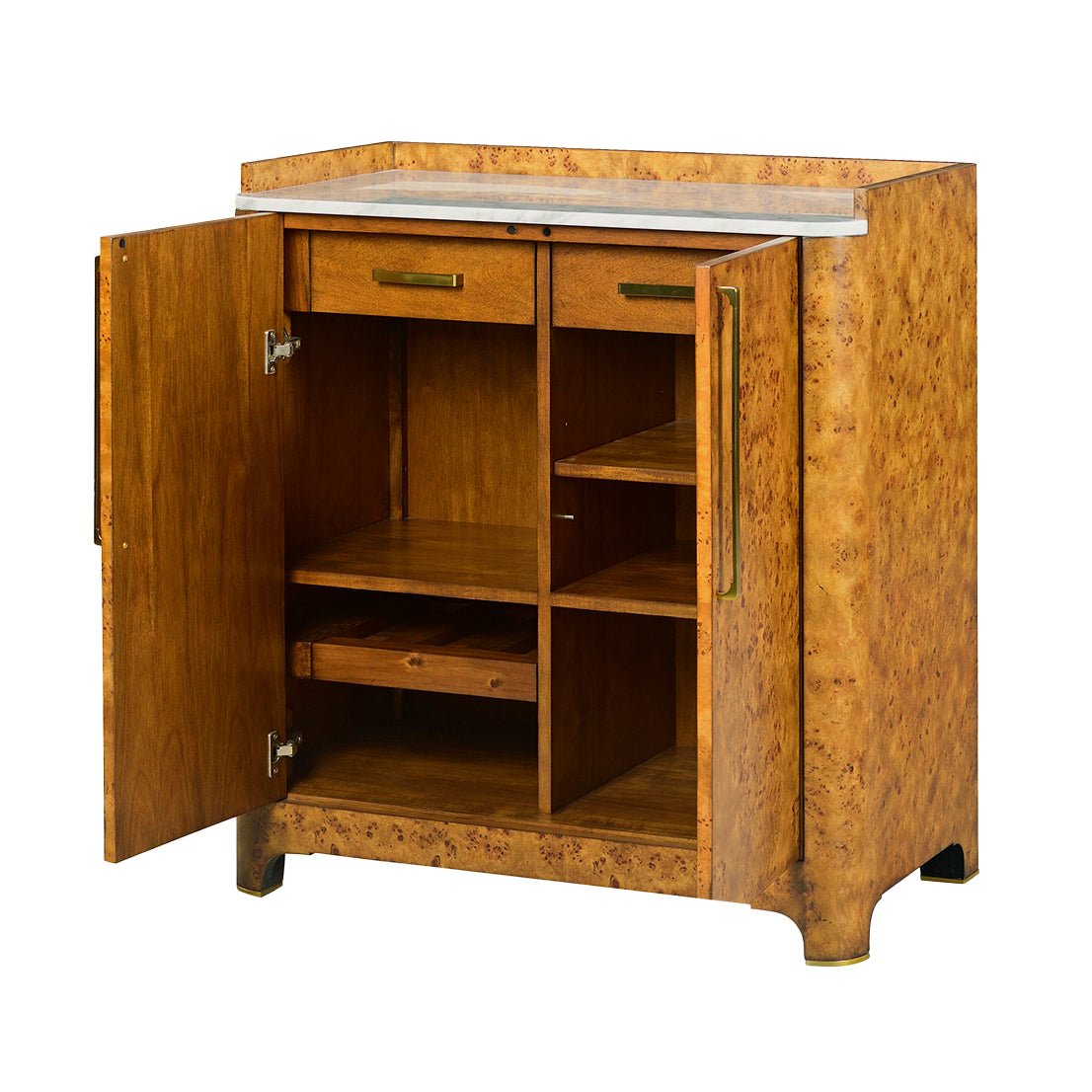 Art Deco bar cabinet fully open, showing interior shelves.