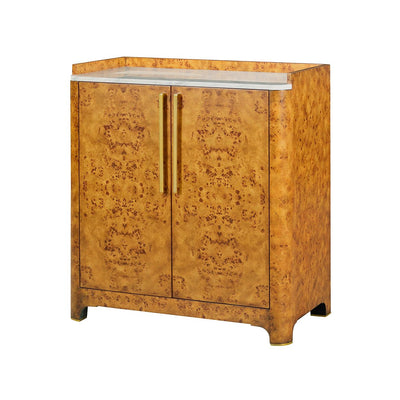 Art Deco burl wood bar cabinet front angle view.