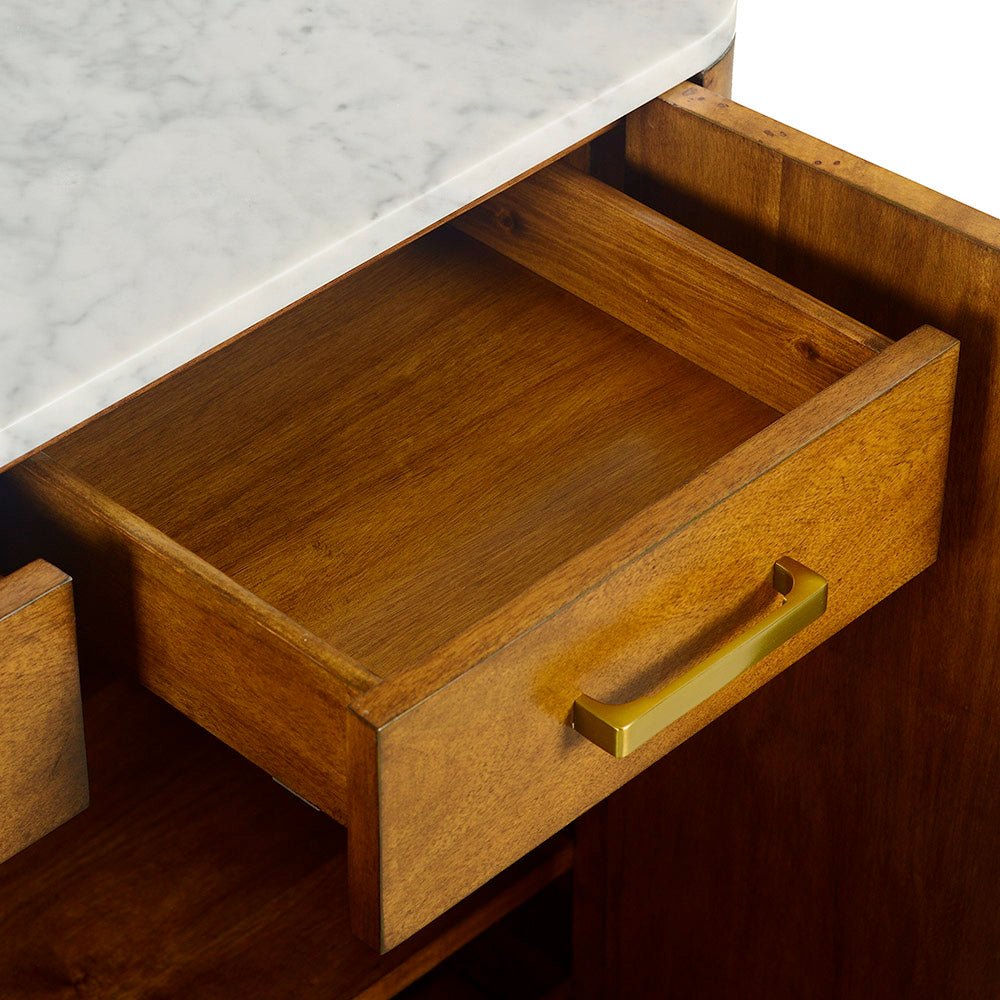 Open drawer with handle on Art Deco bar cabinet.