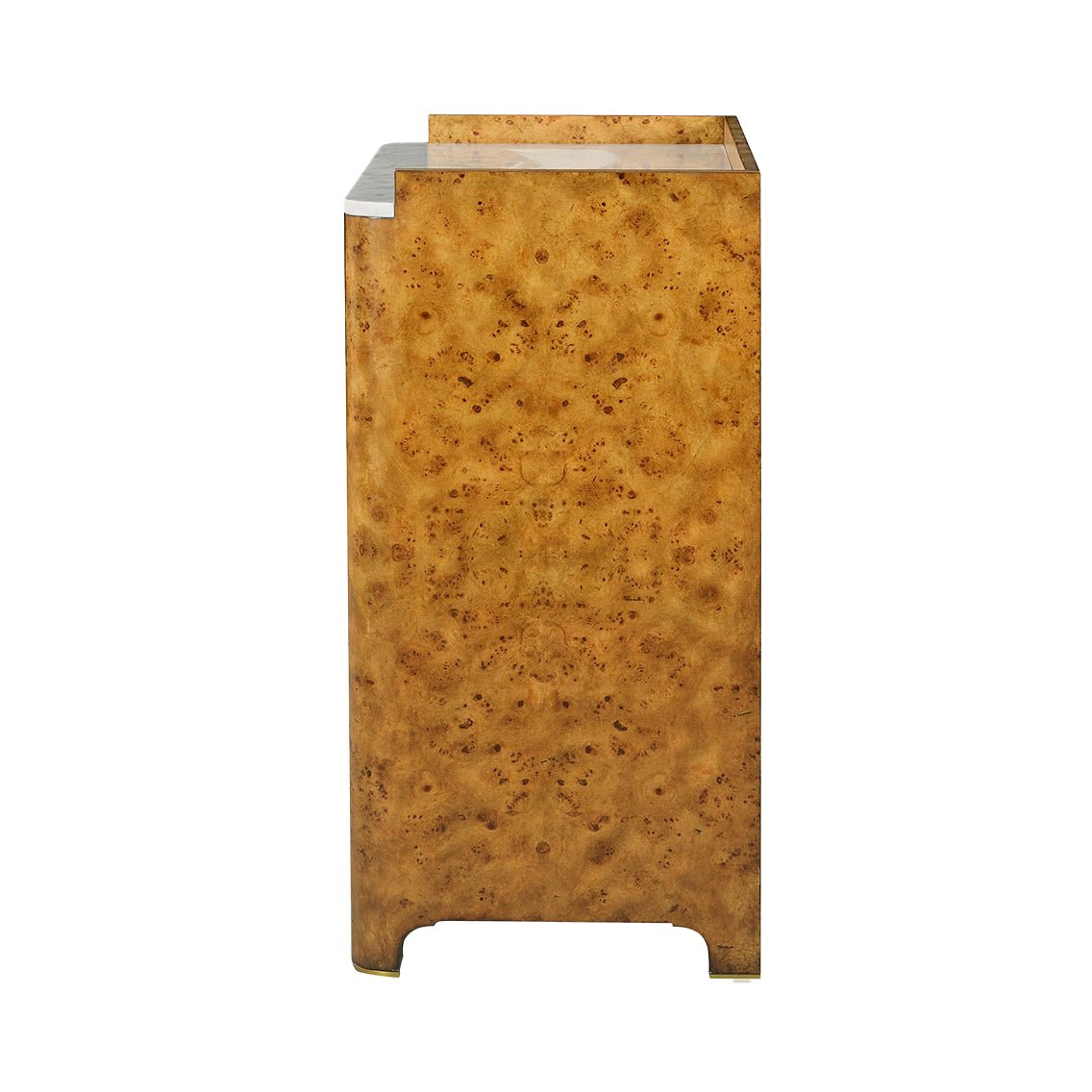 Side view of Art Deco burl wood bar cabinet.