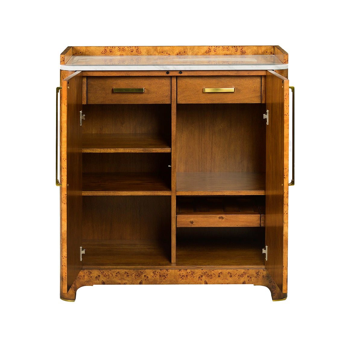 Interior shelves and drawers of bar cabinet open.
