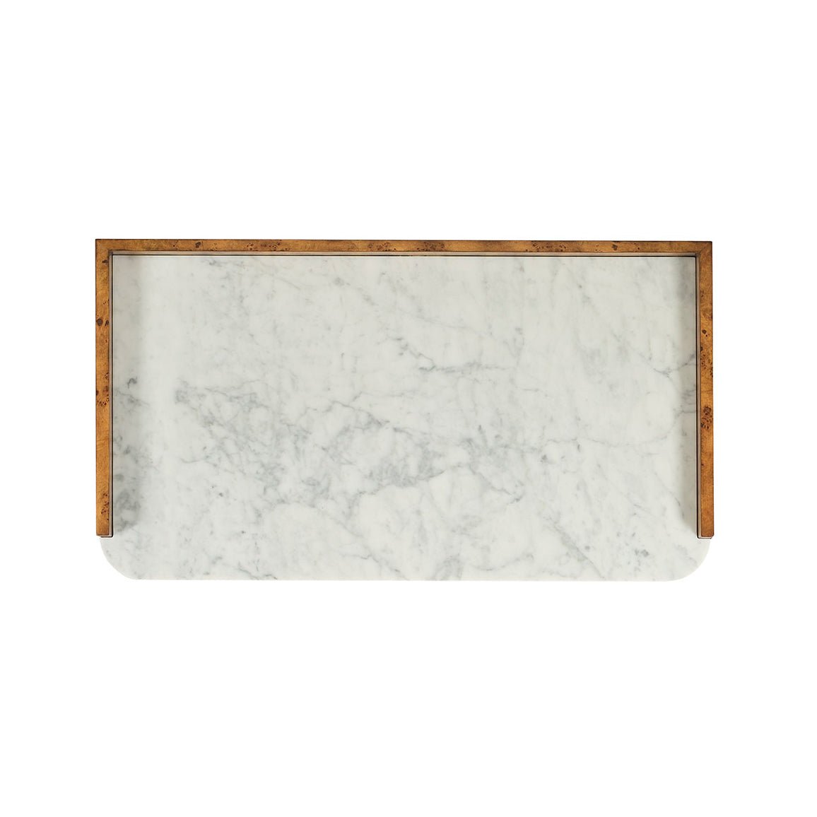 Marble top view of burl wood bar cabinet.