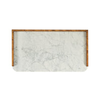 Marble top view of burl wood bar cabinet.