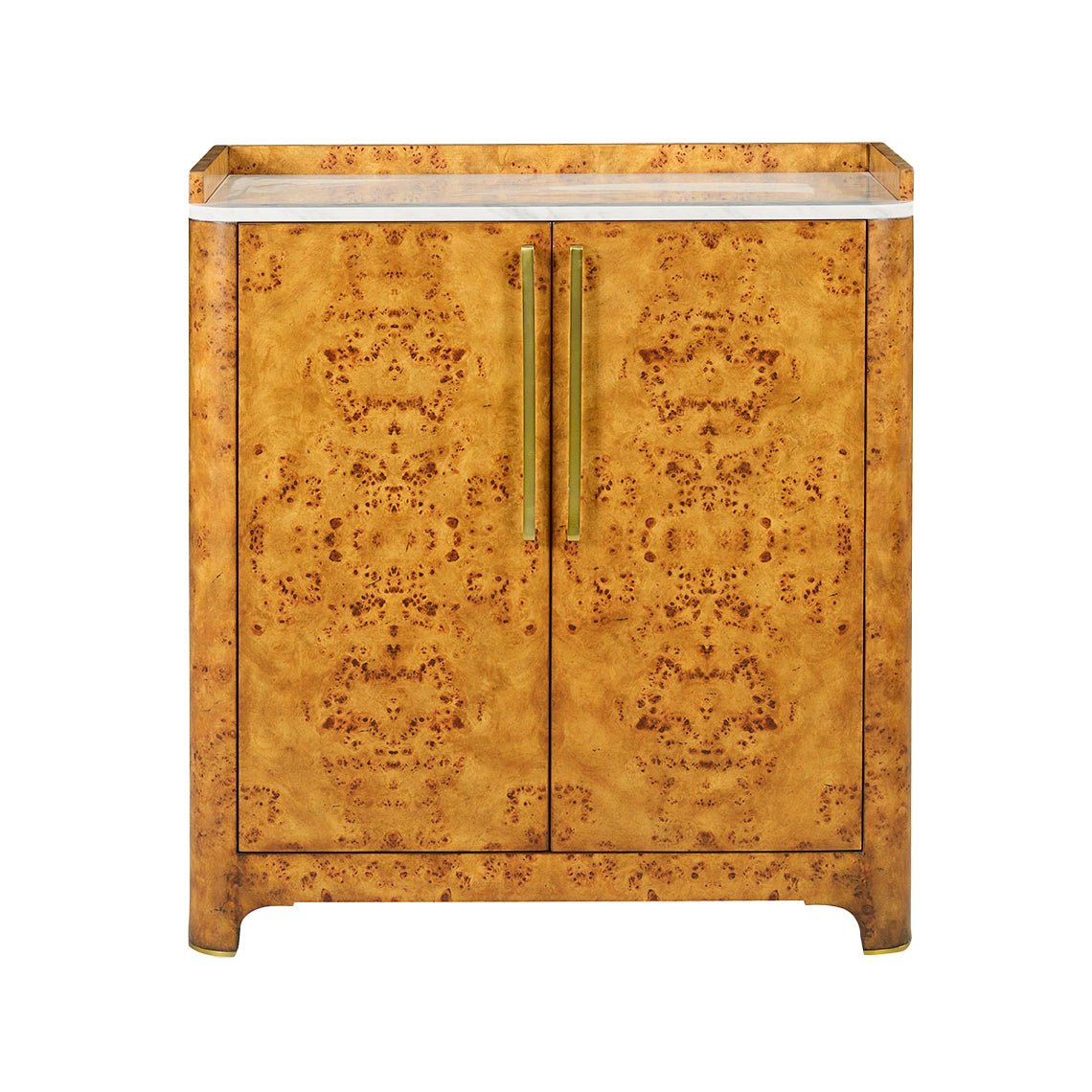 Art Deco burl wood bar cabinet front view closed.