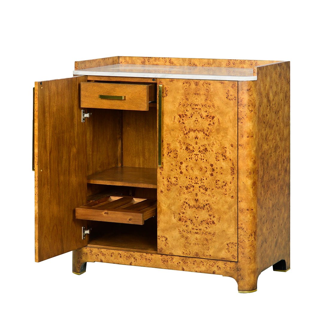 Art Deco bar cabinet side open with drawers shown.