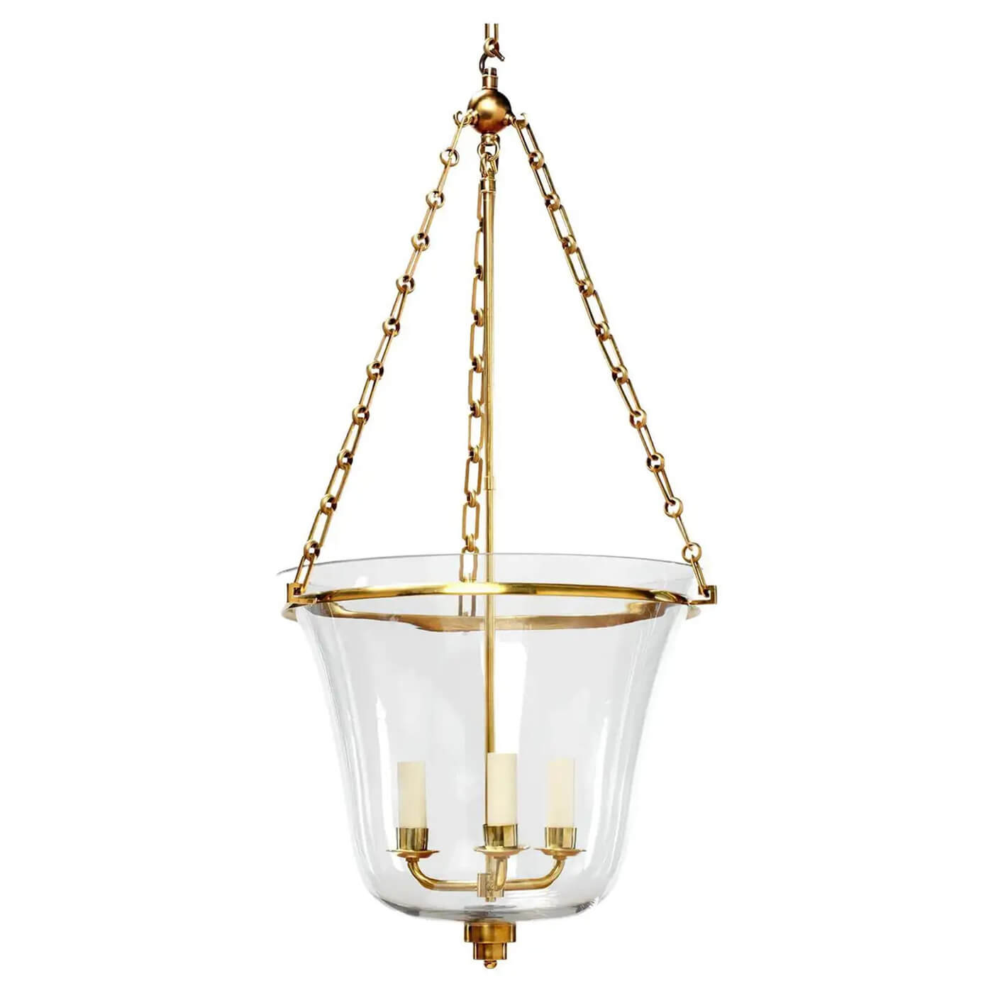 Brass Art Deco cloche lantern, full view with chains.