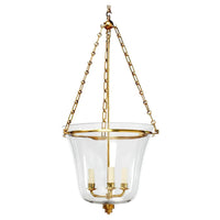 Brass Art Deco cloche lantern, full view with chains.