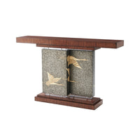 Angled rear view of Art Deco console table design.