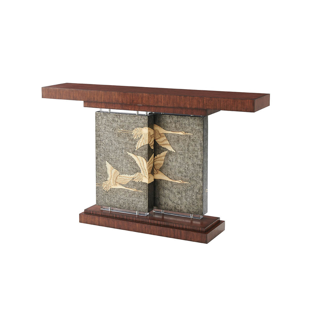 Angled view of Art Deco console table, bird design.
