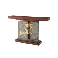 Angled view of Art Deco console table, bird design.