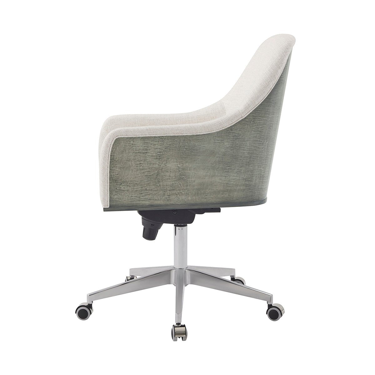 Art Deco desk chair side profile, highlighting armrest design.
