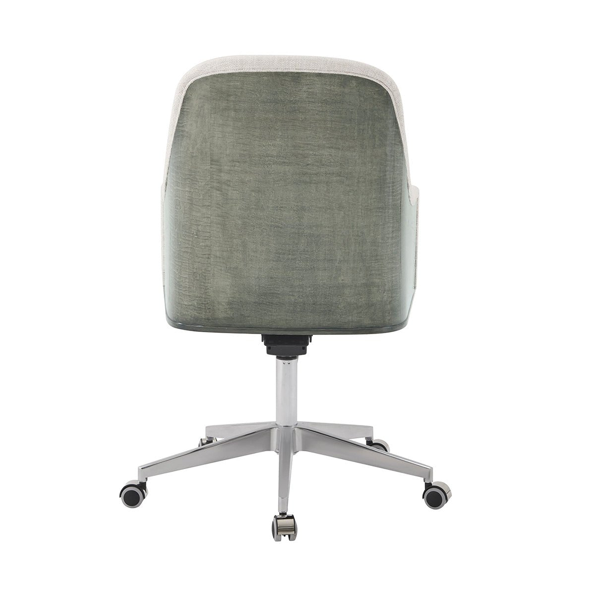 Art Deco desk chair rear, shows metal base and wheels.