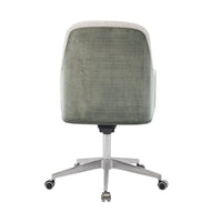 Art Deco desk chair rear, shows metal base and wheels.