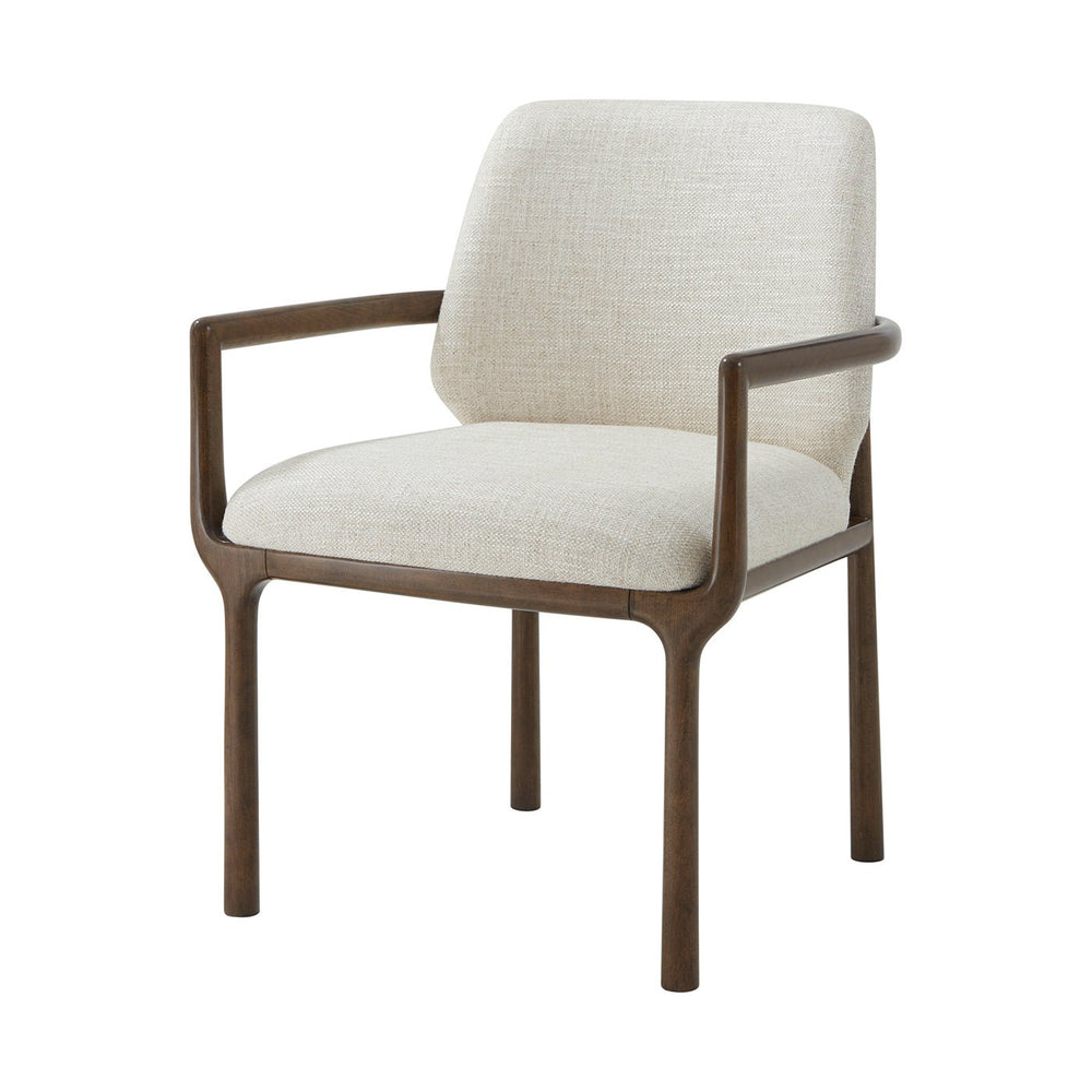 Beige dining armchair with wood frame, angled view.