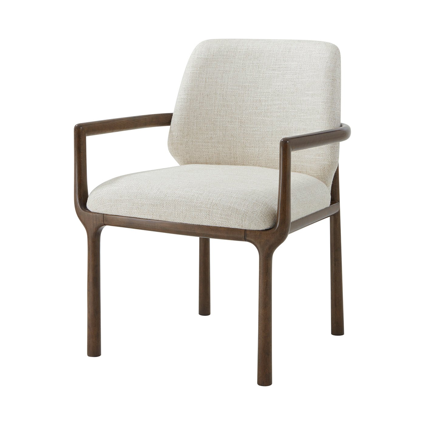 Beige dining armchair with wood frame, angled view.