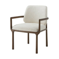 Beige dining armchair with wood frame, angled view.