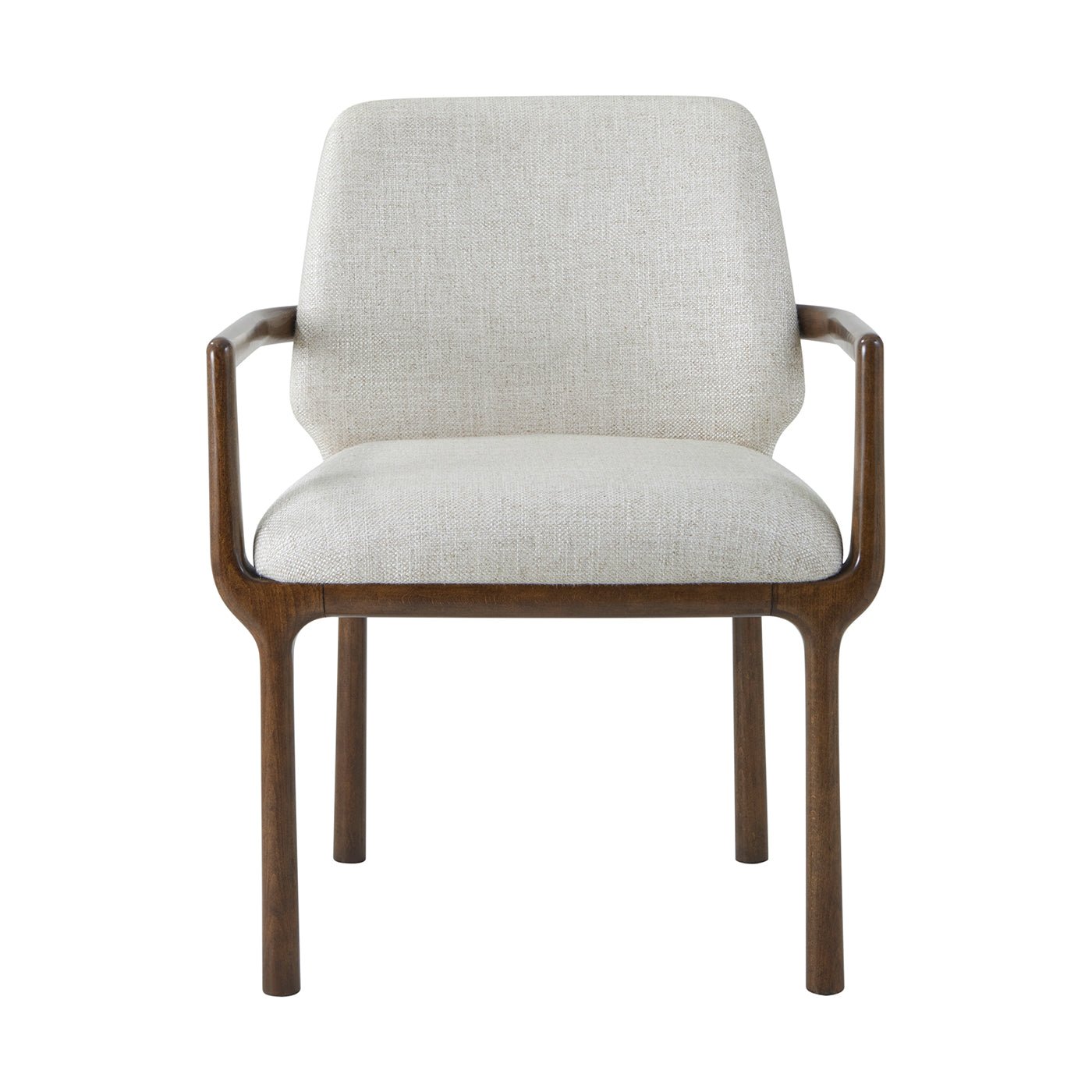 Front view of beige dining armchair with wooden arms.