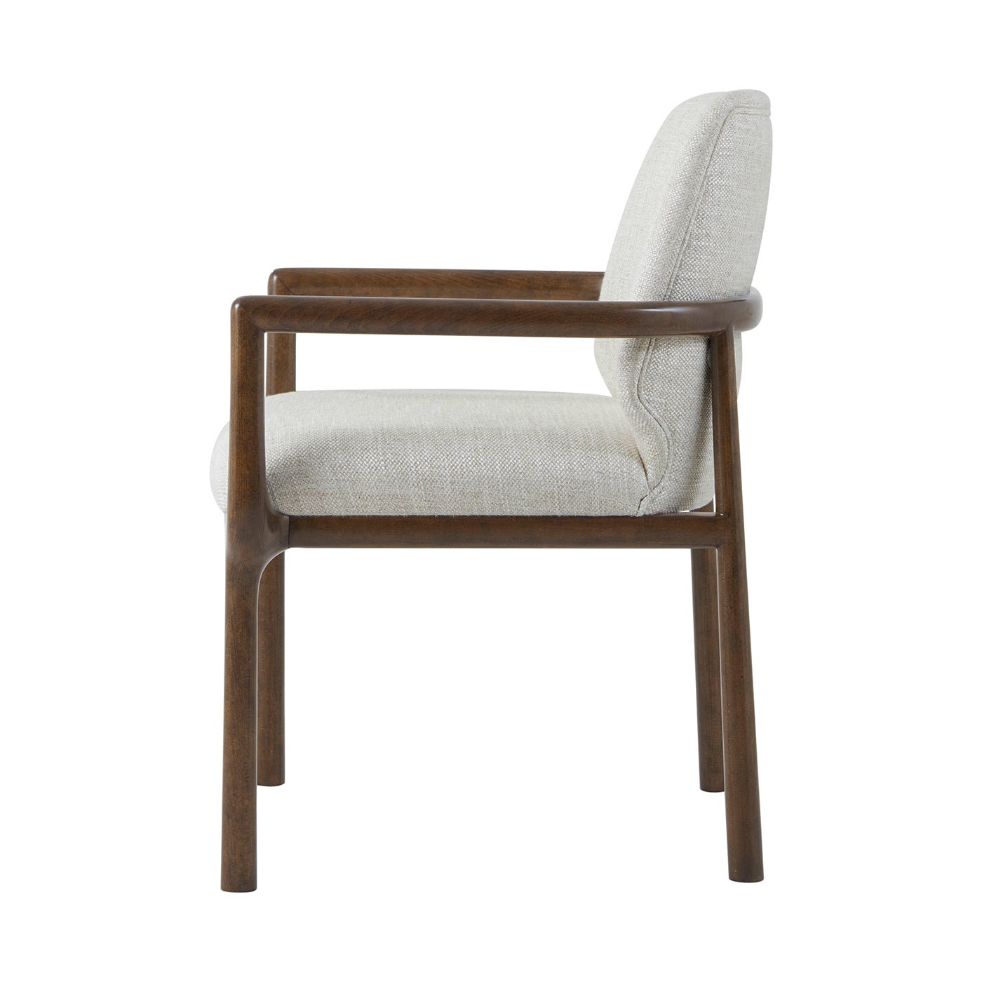Side profile of beige dining armchair, wooden frame visible.