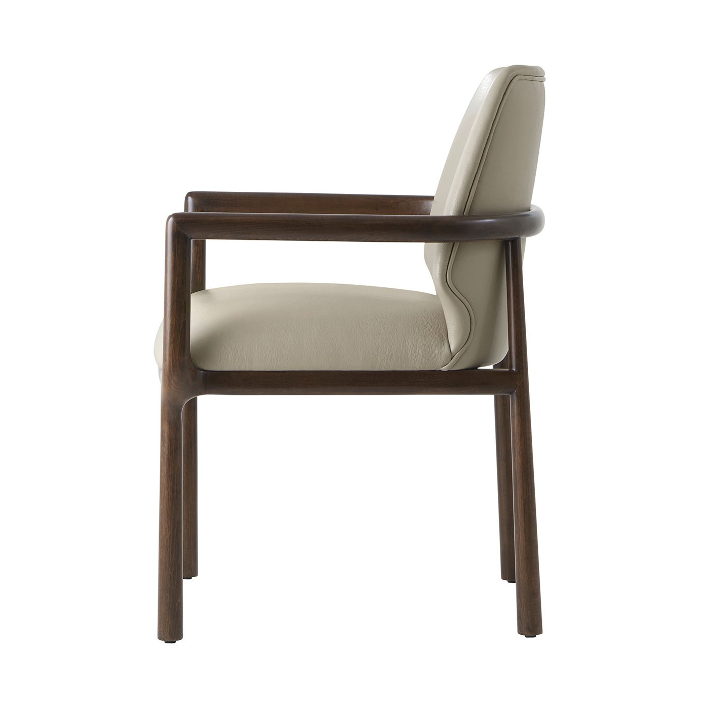 Side profile of beige leather dining armchair, wooden details.