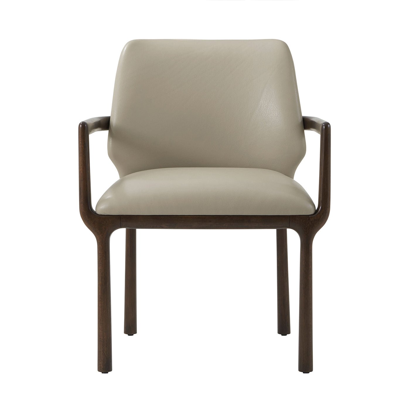 Front view of beige leather dining armchair, wooden arms.