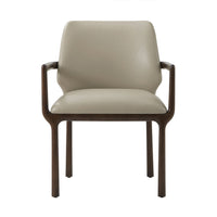 Front view of beige leather dining armchair, wooden arms.