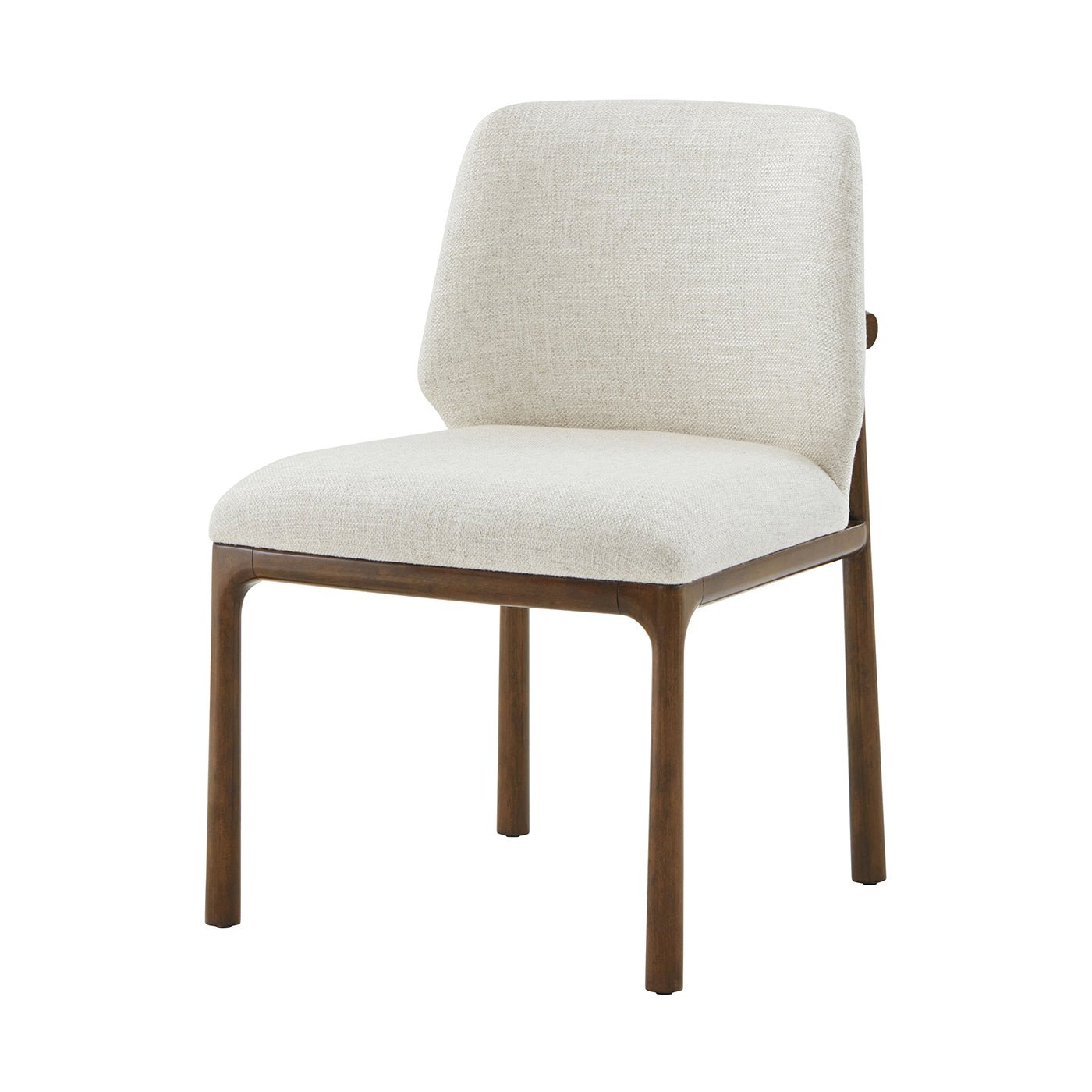 Modern beige dining chair with wooden frame, front view.