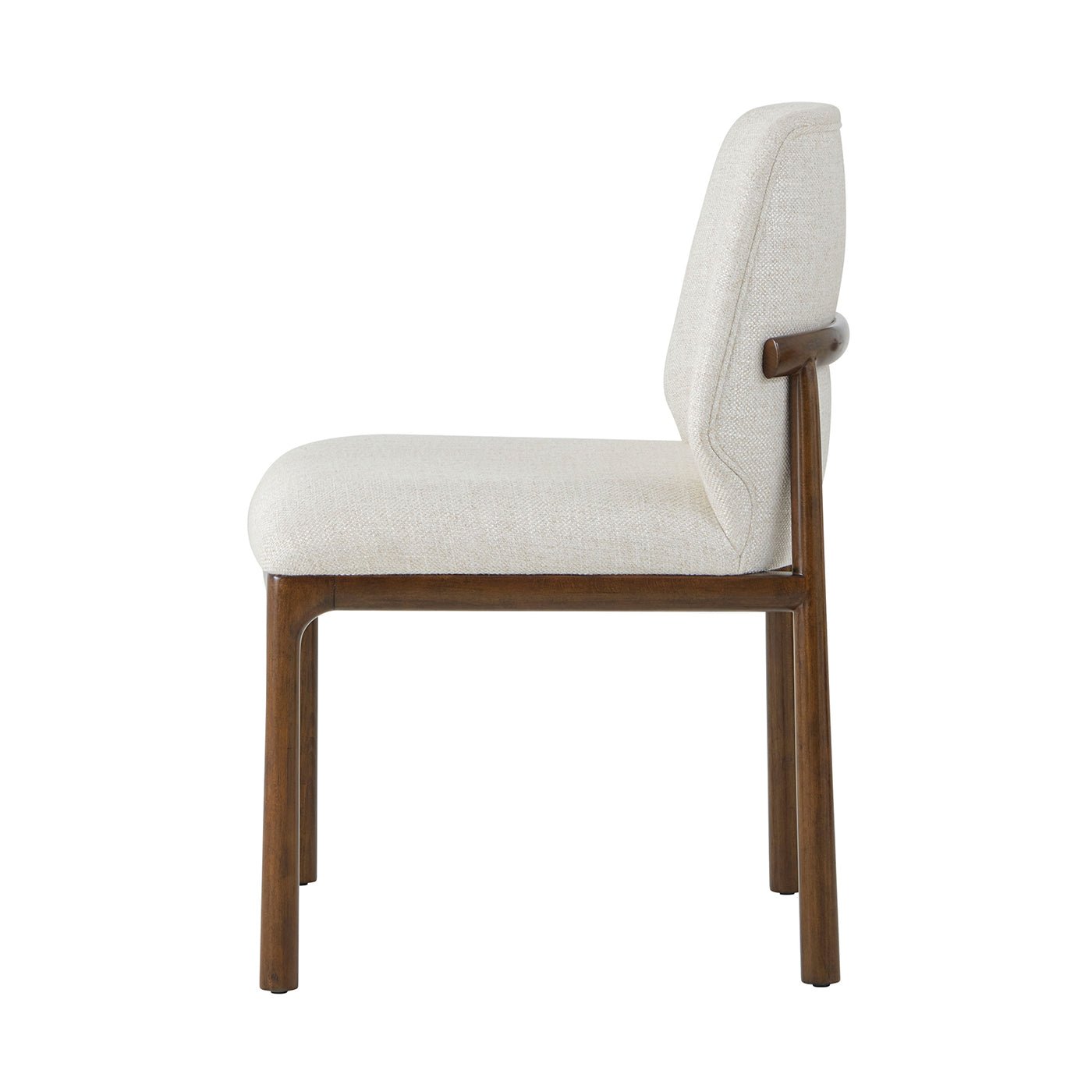 Side view of beige dining chair with wooden legs.