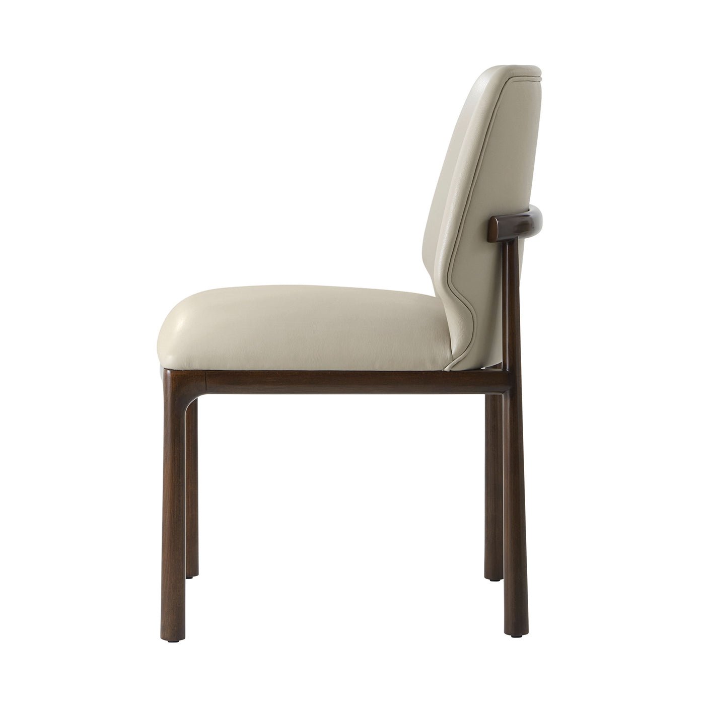 Beige leather dining side chair, profile view.